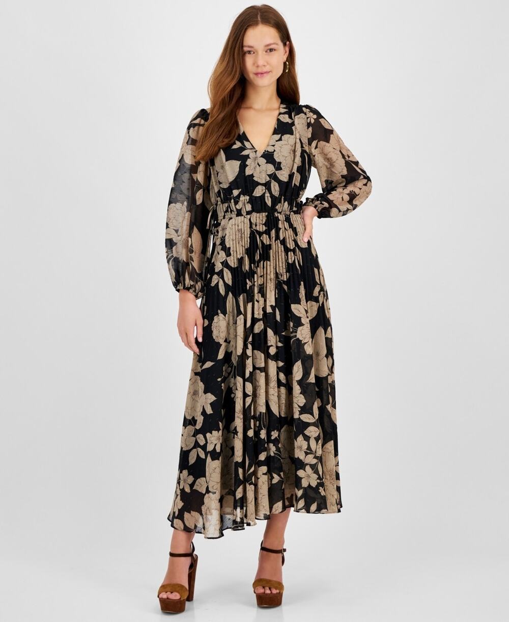 Taylor Women's Floral Chiffon V-Neck Pleated Dress Black Size 4 1729
